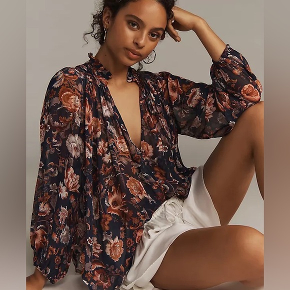 Anthropologie Tops - NWT - ANTHROPOLOGIE The Estela Sheer Printed Blouse In Blue. size XS.